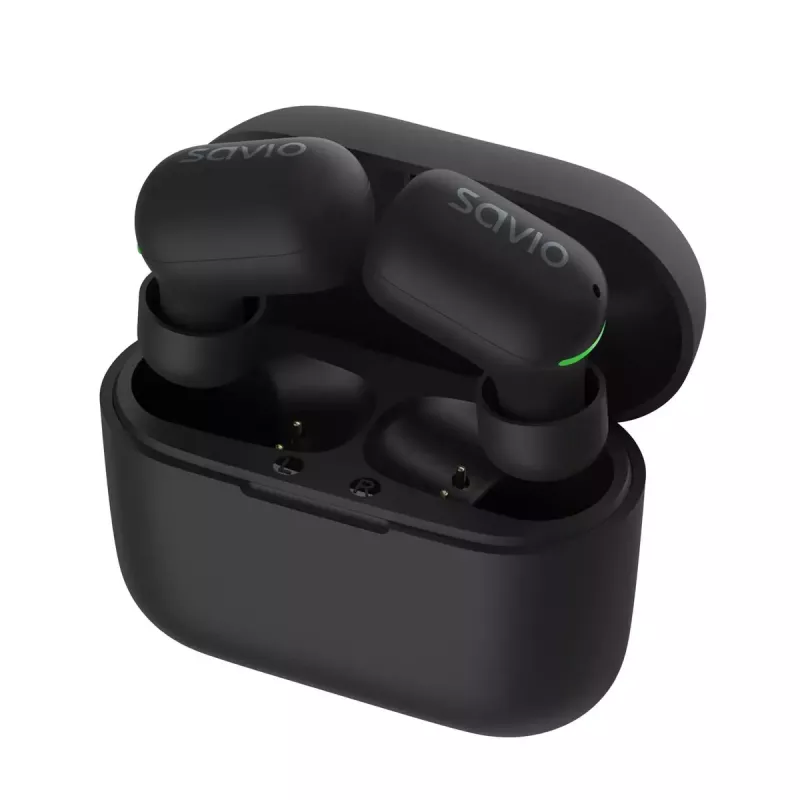 Wireless in-ear headphones SAVIO TWS-09 — Bluetooth 5.1, binaural, 20–20000 Hz, 8 h talk time, power bank, USB-C charging, black