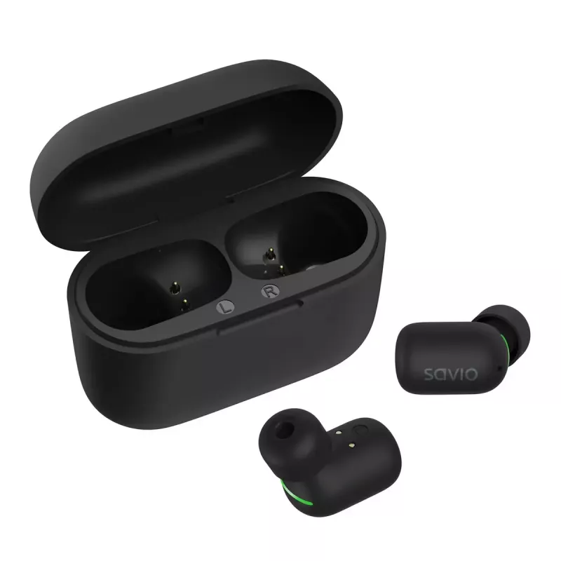Wireless in-ear headphones SAVIO TWS-09 — Bluetooth 5.1, binaural, 20–20000 Hz, 8 h talk time, power bank, USB-C charging, black