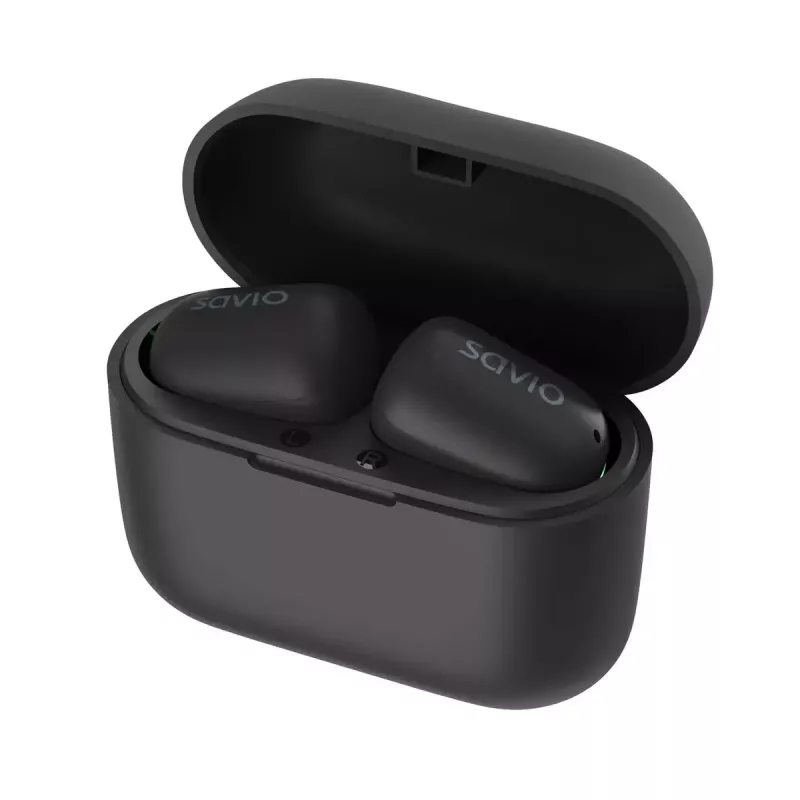 Wireless in-ear headphones SAVIO TWS-09 — Bluetooth 5.1, binaural, 20–20000 Hz, 8 h talk time, power bank, USB-C charging, black