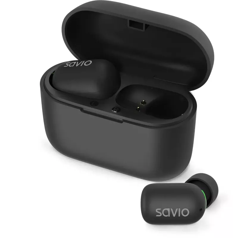 Wireless in-ear headphones SAVIO TWS-09 — Bluetooth 5.1, binaural, 20–20000 Hz, 8 h talk time, power bank, USB-C charging, black