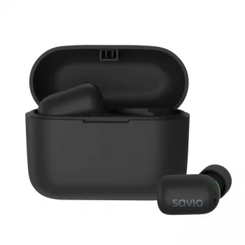 Wireless in-ear headphones SAVIO TWS-09 — Bluetooth 5.1, binaural, 20–20000 Hz, 8 h talk time, power bank, USB-C charging, black