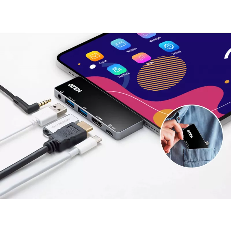 ATEN USB-C Travel Dock with Power Pass-Through, Universal, USB Type-C, Black, Silver