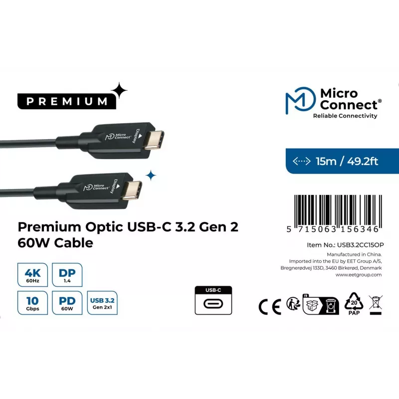 USB Cable Microconnect USB3.2CC15OP 15m USB C Black 10 Gbit/s