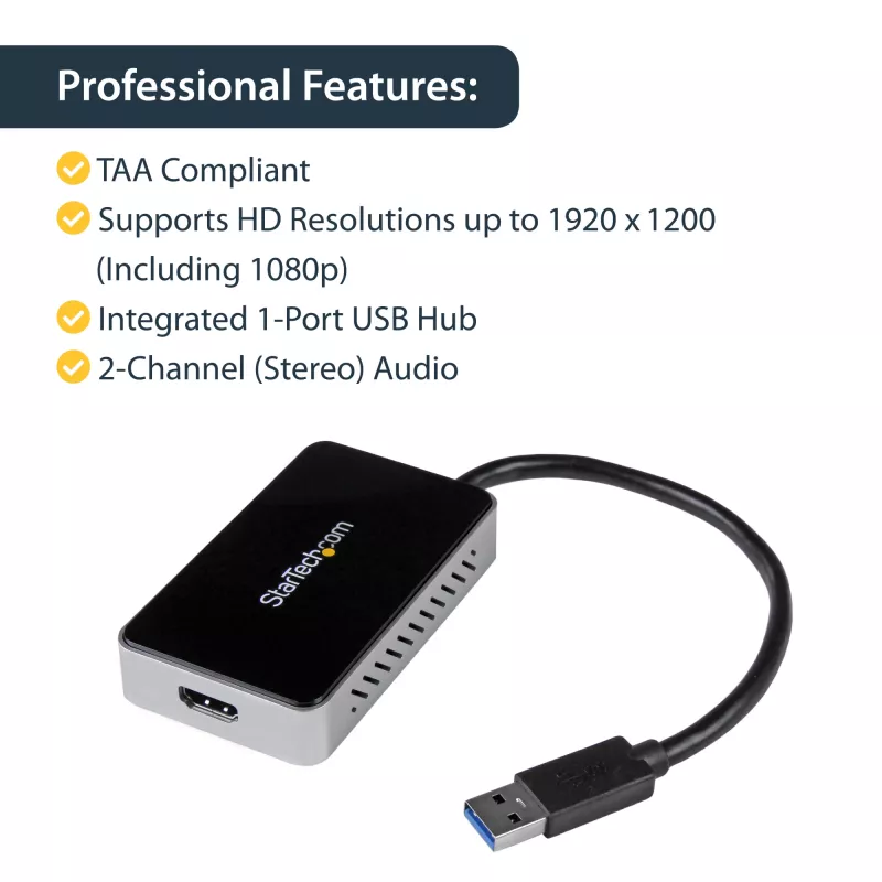 StarTech.com USB 3.0 to HDMI Adapter w/ 1x USB, USB to HDMI Monitor Converter for Windows (no support for macOS/ChromeOS/Linux) - TAA