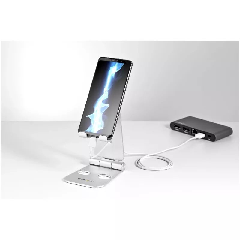 StarTech.com Phone and Tablet Stand - Foldable Universal Mobile Device Holder for Smartphones & Tablets - Adjustable Multi-Angle Ergonomic Cell Phone Stand for Desk - Portable - Silver