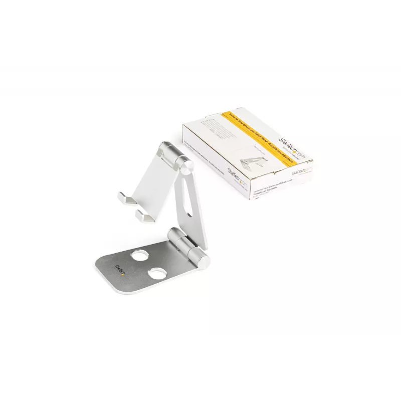 StarTech.com Phone and Tablet Stand - Foldable Universal Mobile Device Holder for Smartphones & Tablets - Adjustable Multi-Angle Ergonomic Cell Phone Stand for Desk - Portable - Silver