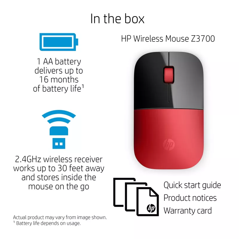 HP Z3700 Red Wireless Mouse, Ambidextrous, Optical, RF Wireless, 1200 DPI, Red