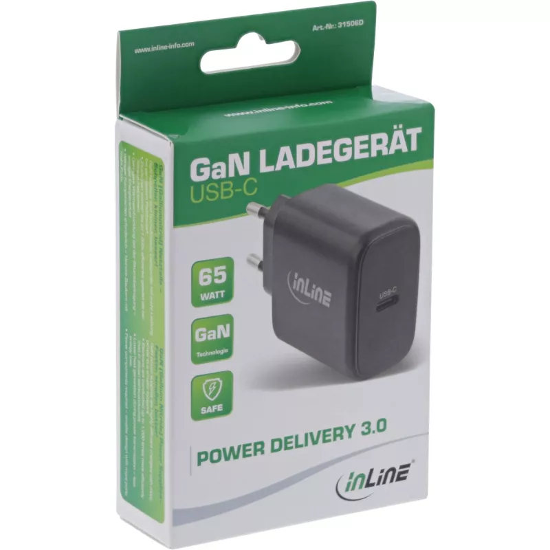 InLine USB PD power supply, GaN charger, Single USB-C, Power Delivery, 65W