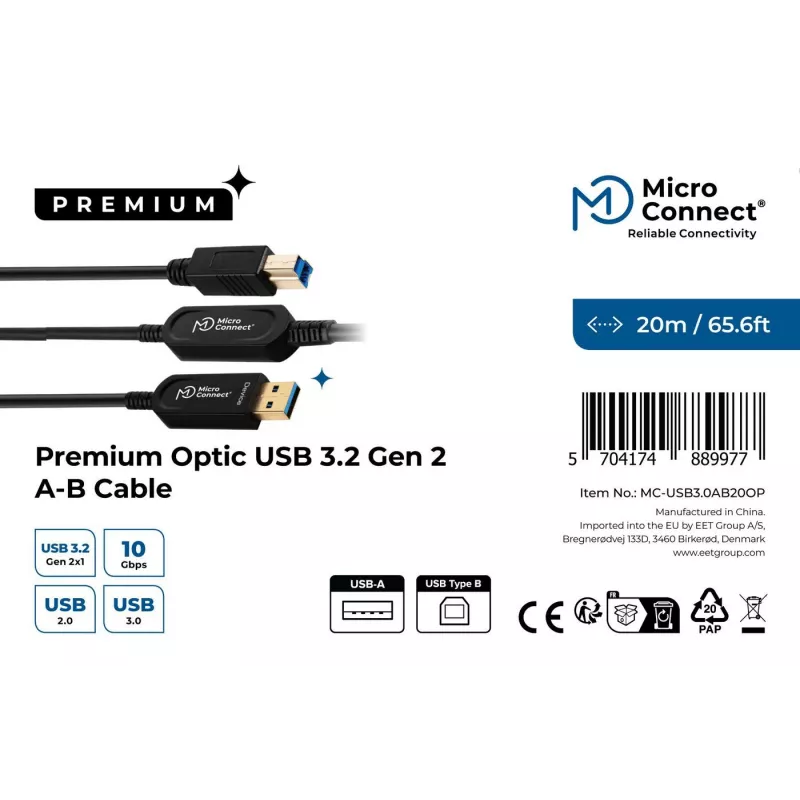 Microconnect MC-USB3.0AB20OP USB cable USB 3.2 Gen 2 (3.1 Gen 2) 20 m USB A USB B Black