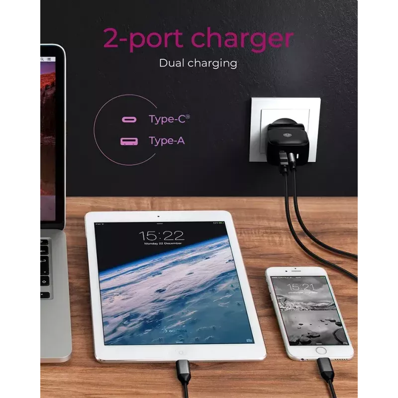 Wall Charger ICY BOX 2-port USB Power Delivery Fast Charging Black