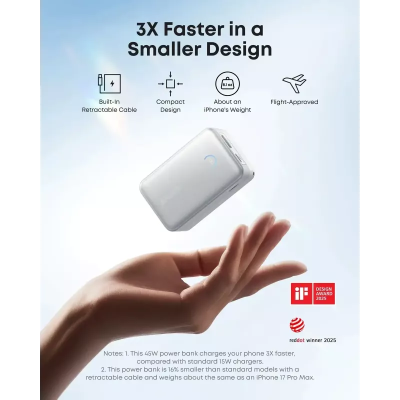 Power bank Anker Nano 45W with built-in retractable USB-C cable A1638H11 10000 mAh Black