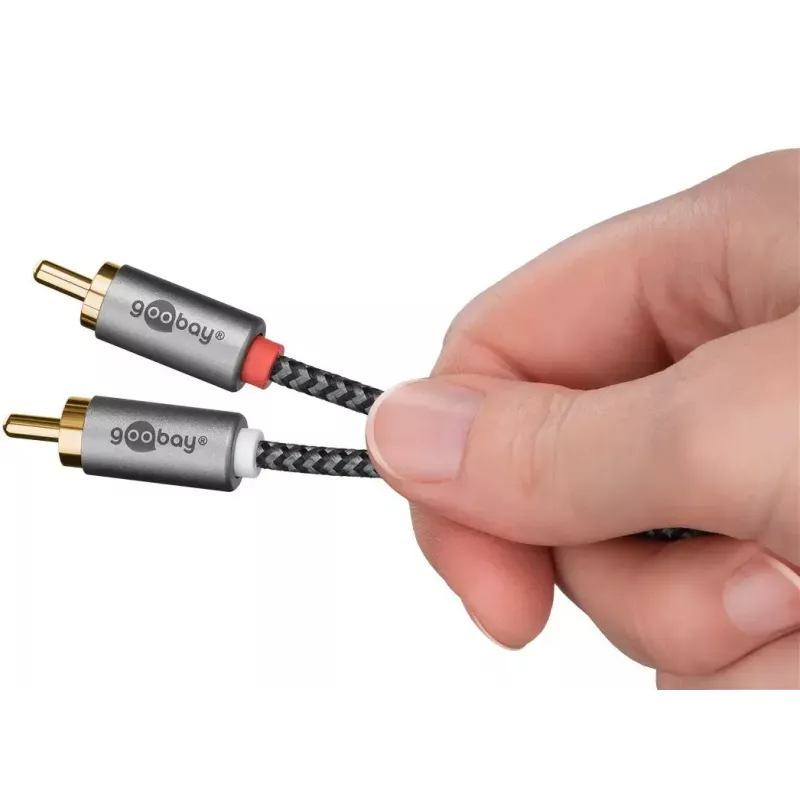 Audio cable WENTRONIC Goobay 65293 — 2 m, 2×RCA male to 2×RCA male, copper, gold-plated contacts, magnetic shielding, grey