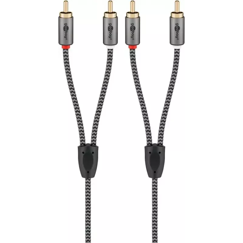 Audio cable WENTRONIC Goobay 65293 — 2 m, 2×RCA male to 2×RCA male, copper, gold-plated contacts, magnetic shielding, grey