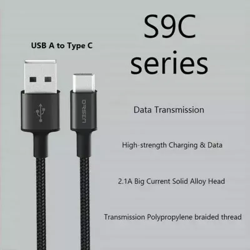 USB A to USB-C cable Orsen S9C 1 m, 2.1 A, black