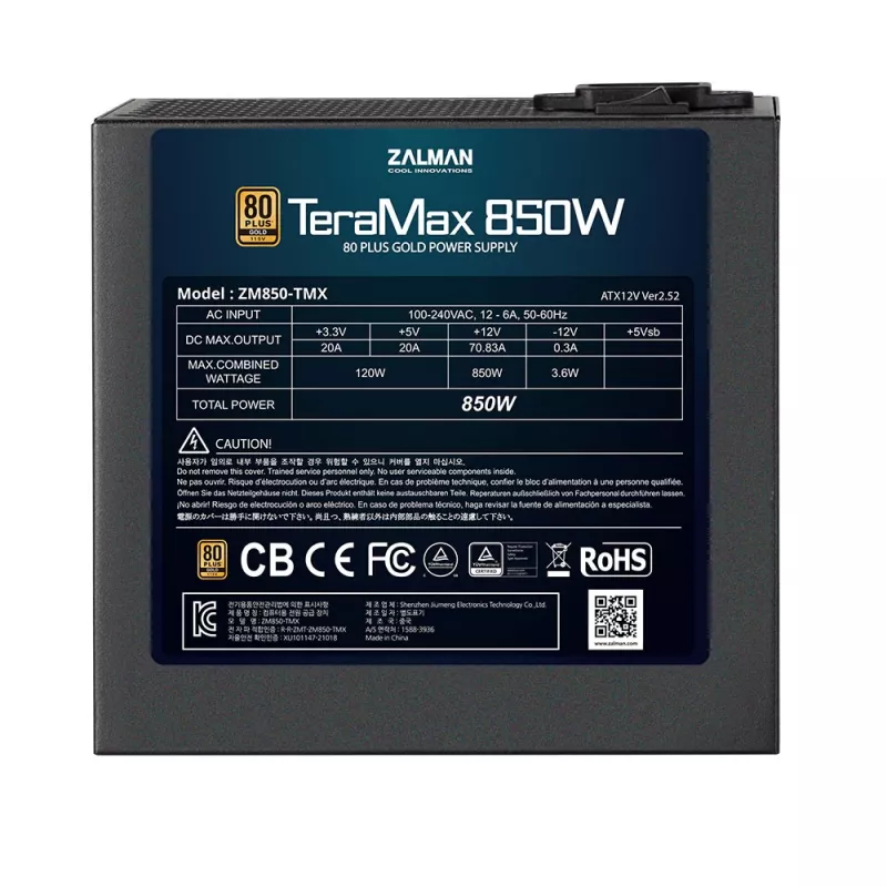 Zalman ZM850-TMX TerraMax 80 PLUS GOLD PSU 850W/Full-modular 99.9% Active PFC/Single power supply unit Black