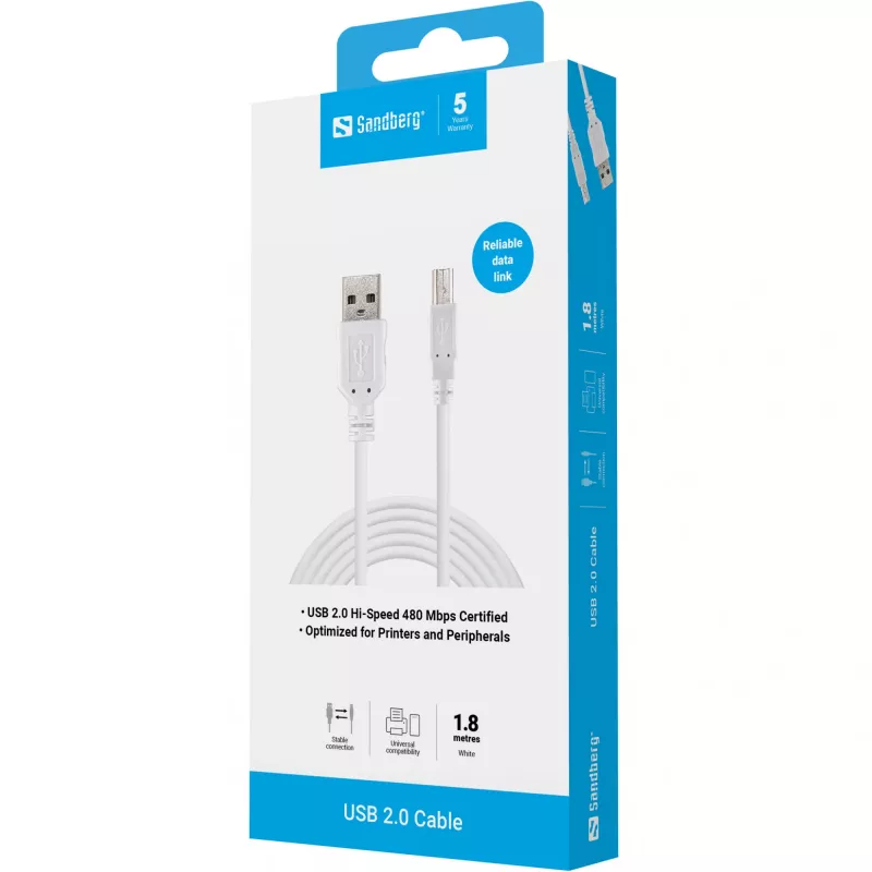 USB 2.0 A-B Male Cable Sandberg 502-78 1.8m