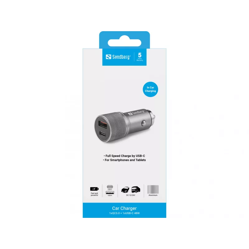 Sandberg Car Charger 1xQC3.0+1xUSB-C 48W, Auto, Cigar lighter, 12 V, Metallic
