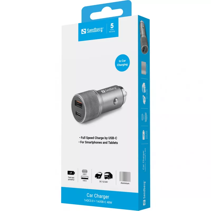 Sandberg Car Charger 1xQC3.0+1xUSB-C 48W, Auto, Cigar lighter, 12 V, Metallic