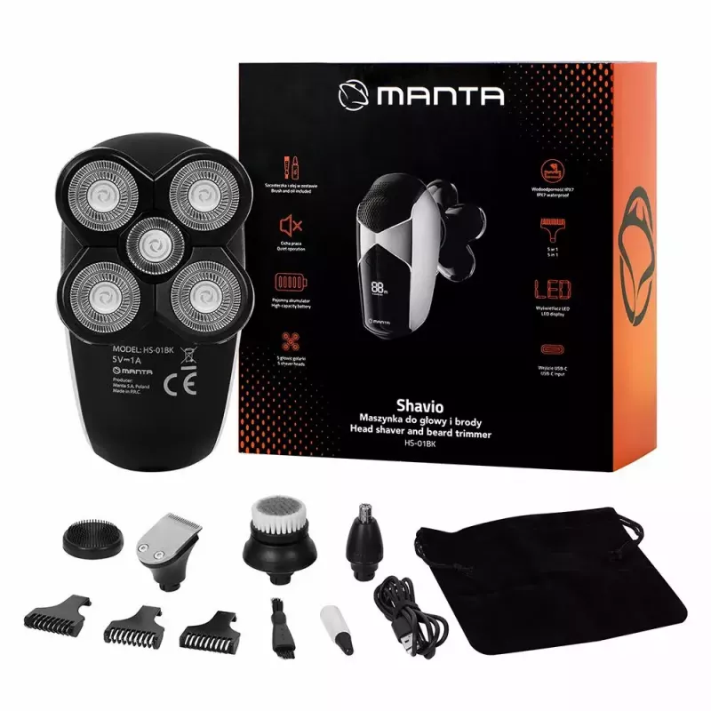 Manta HS-01BK Shavio head and beard shaver kit, black/chrome