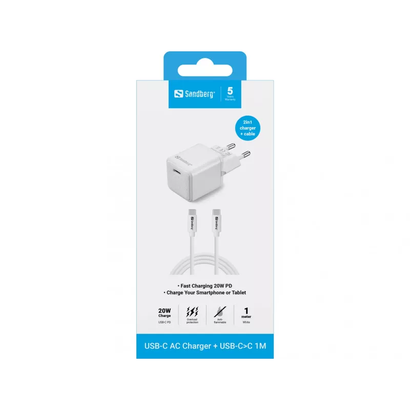 Sandberg USB-C 20W Charger Indoor AC 1M Cable Fast Charging