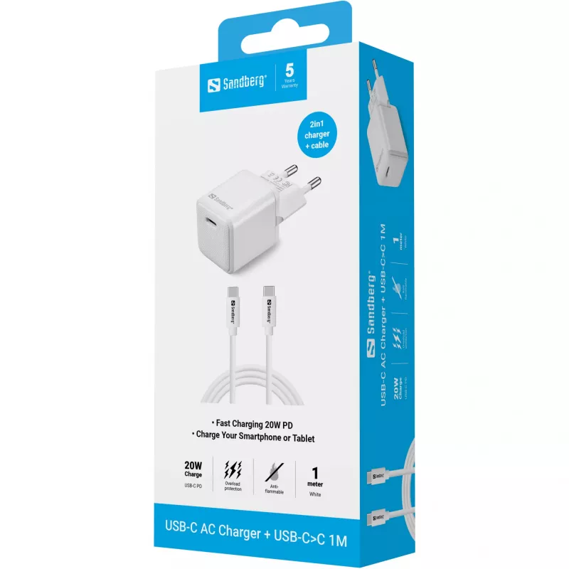 Sandberg USB-C 20W Charger Indoor AC 1M Cable Fast Charging