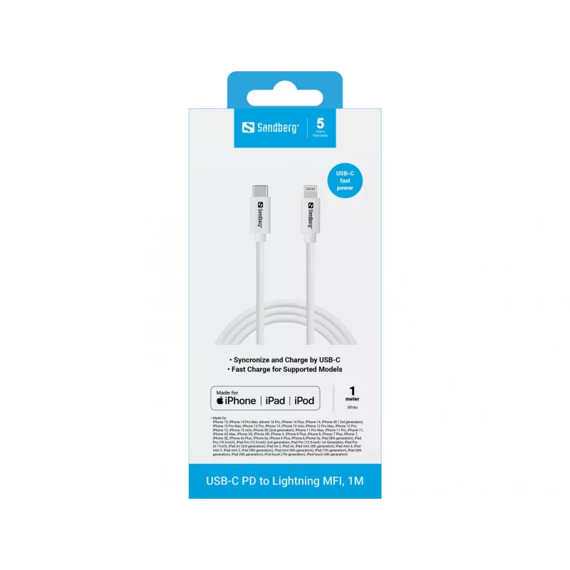 Sandberg USB-C PD to Lightning MFI 1M Cable 1m Lightning USB C