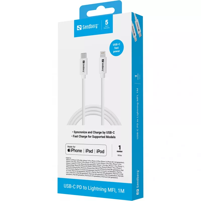 Sandberg USB-C PD to Lightning MFI 1M Cable 1m Lightning USB C