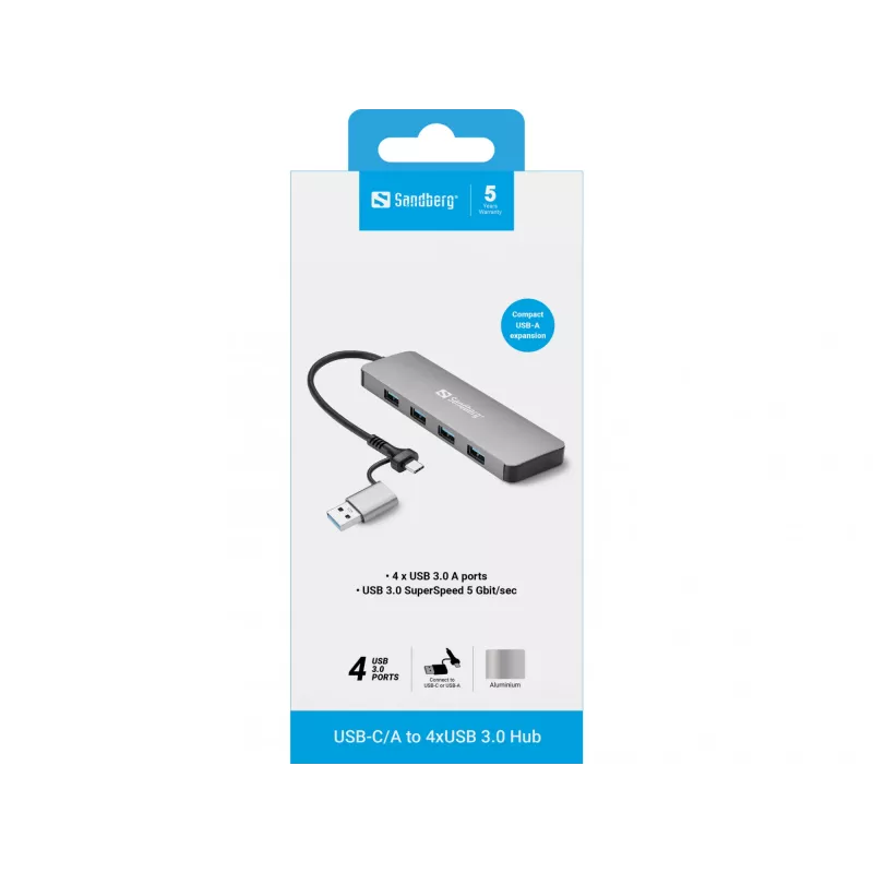 Sandberg USB-C/A to 4xUSB 3.0 Hub Aluminium 5000 Mbit/s