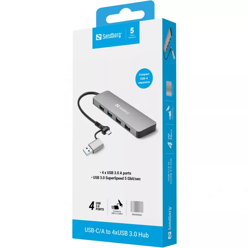 Sandberg USB-C/A to 4xUSB 3.0 Hub Aluminium 5000 Mbit/s