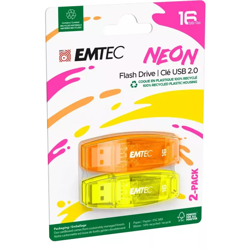 USB Flash Drive Emtec C410 Neon 16GB Type-A 2.0 Orange Yellow