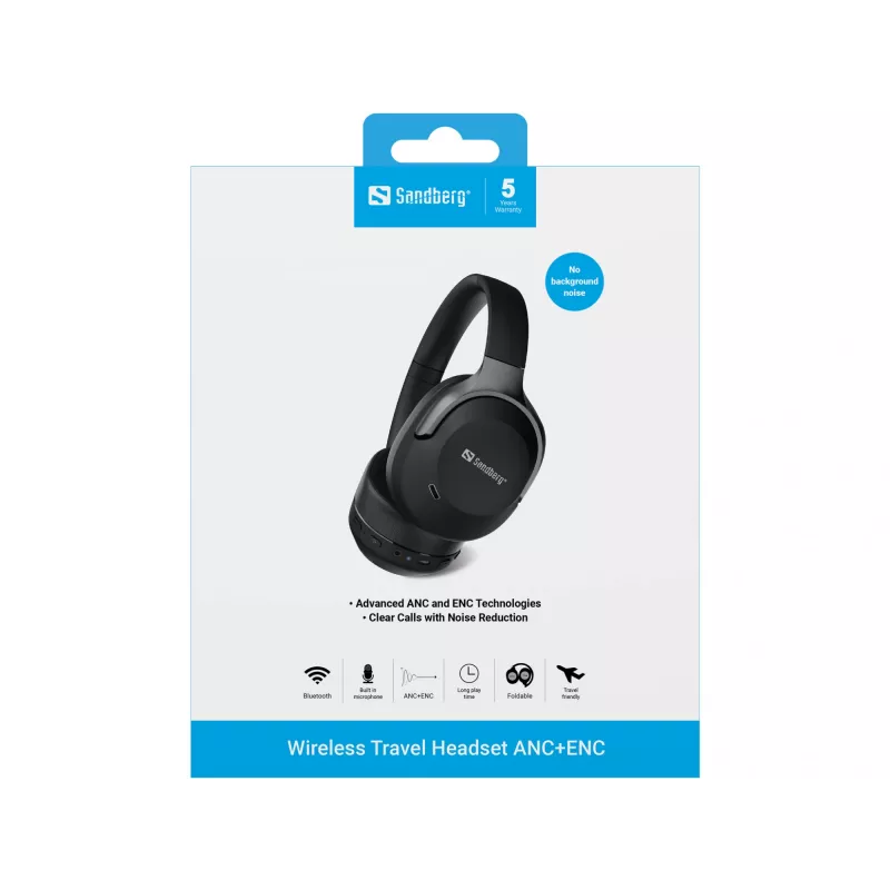 Sandberg Wireless Travel Headset ANC+ENC, Wireless, Calls/Music, 228 g, Headset, Black