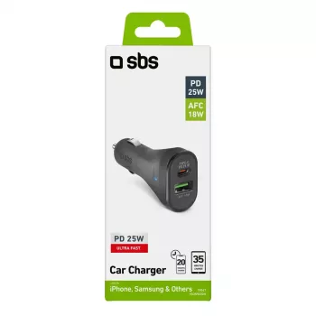 Car Charger SBS Mobile TECRPD25W — Auto cigar-lighter, 12–24V, 1×USB-A, 1×USB-C, Fast charging, Black