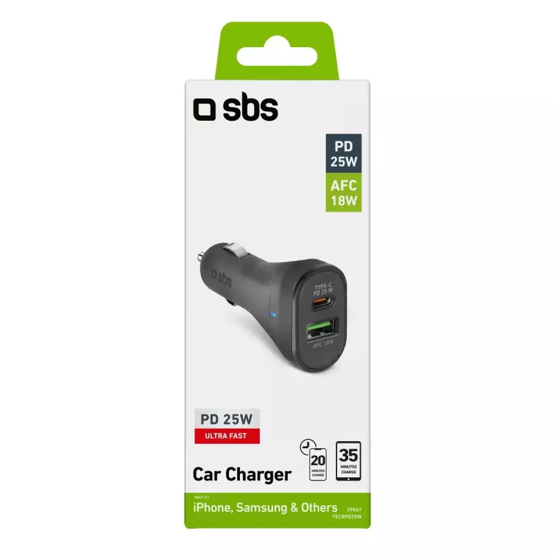 Car Charger SBS Mobile TECRPD25W — Auto cigar-lighter, 12–24V, 1×USB-A, 1×USB-C, Fast charging, Black