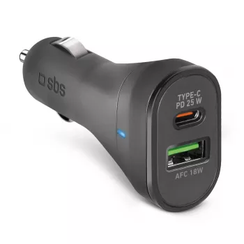 Car Charger SBS Mobile TECRPD25W — Auto cigar-lighter, 12–24V, 1×USB-A, 1×USB-C, Fast charging, Black