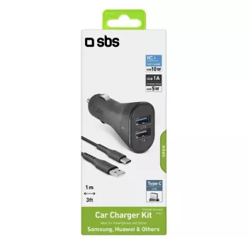 Car Charger Kit SBS Mobile USB-Type-C, 2× USB 2.0 ports, 1 m cable, 12 W, 12/24 V input, black