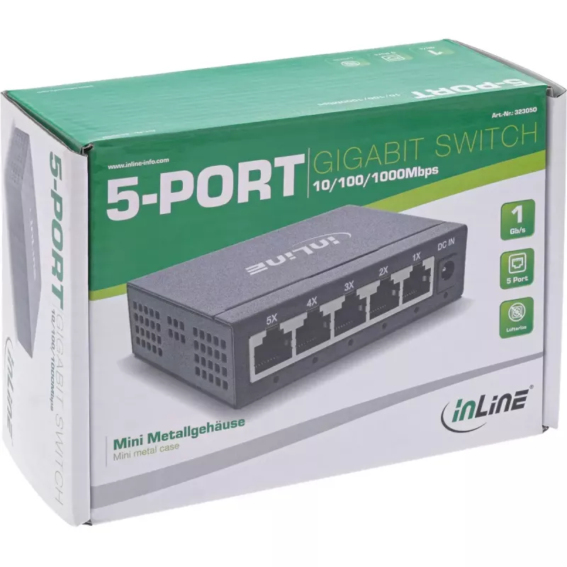 InLine Gigabit network switch 5-port, 1Gb/s, desktop, metal housing, fanless