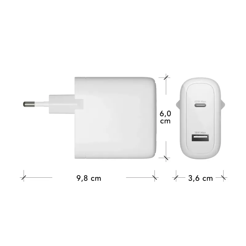 Charger d bramante re-charge Pro EU – Indoor AC 110–240V, USB‑C 65W + USB‑A 18W, White