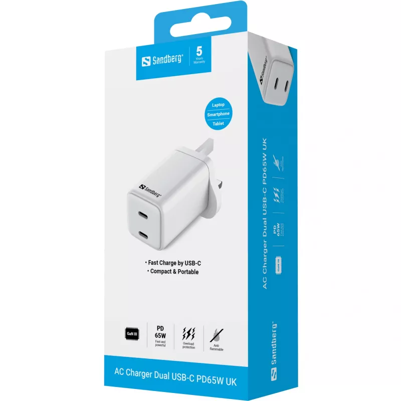 AC charger SANDBERG Dual USB-C PD65W UK 441-62 — dual USB-C PD 65W, UK plug