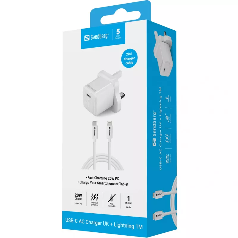 USB-C Charger SANDBERG 441-64 20W UK plug — fast USB Power Delivery charging