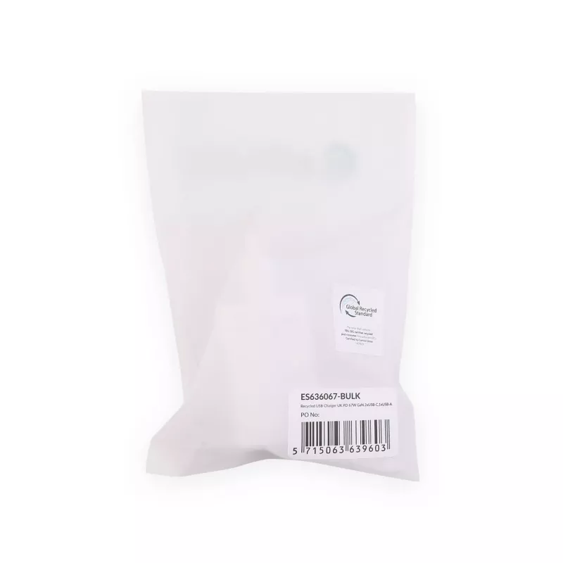 eSTUFF Home Charger USB-C PD 67W GaN UK Plug - White - 100% Recycled Plastic
