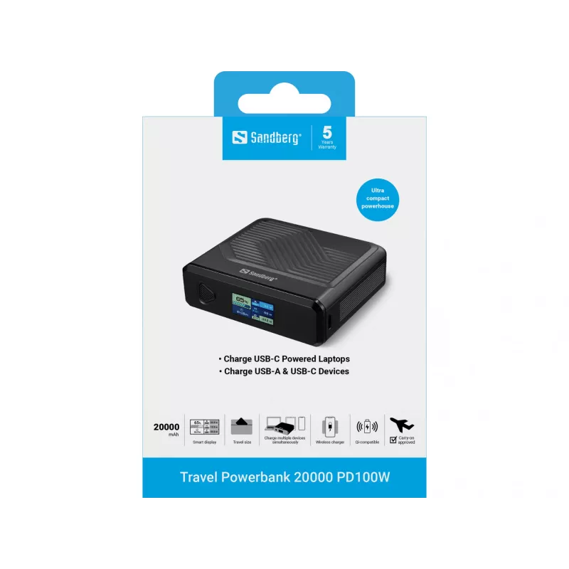 Portable Charger Sandberg Travel Powerbank 20000 PD100W, 20000 mAh
