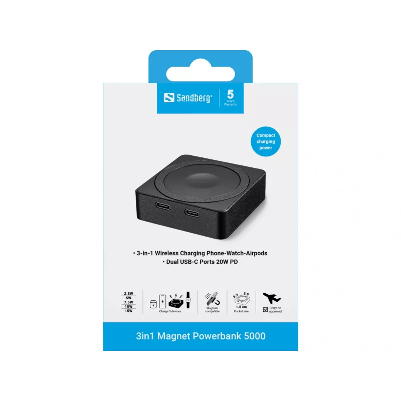 Portable Battery Sandberg 3in1 Magnet Powerbank 5000, 5000 mAh