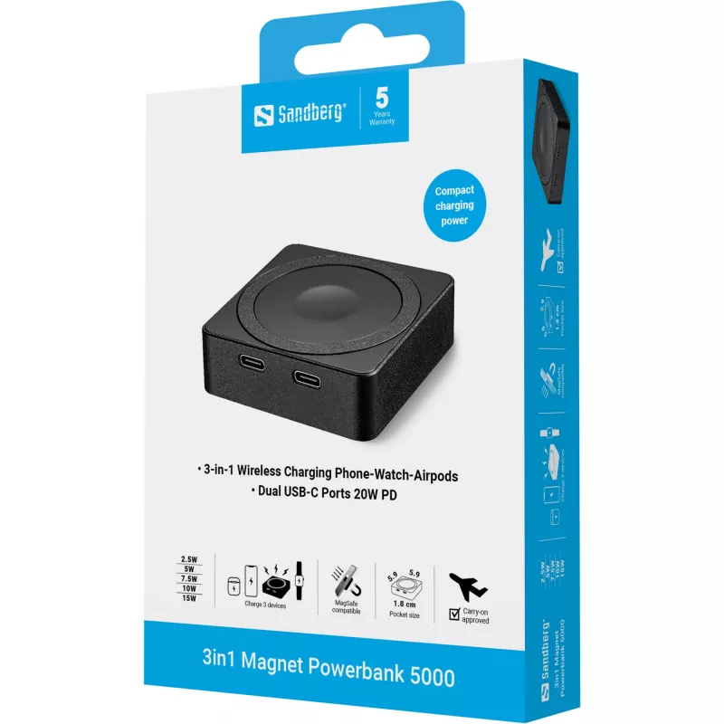 Portable Battery Sandberg 3in1 Magnet Powerbank 5000, 5000 mAh