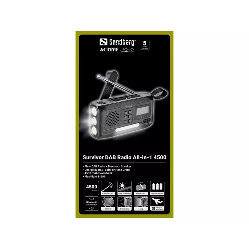 Portable radio SANDBERG Survivor DAB Radio All-in-1 4500 — DAB+/FM, 87.5–108 MHz, 3 W RMS, USB-A & USB-C, 4500 mAh battery