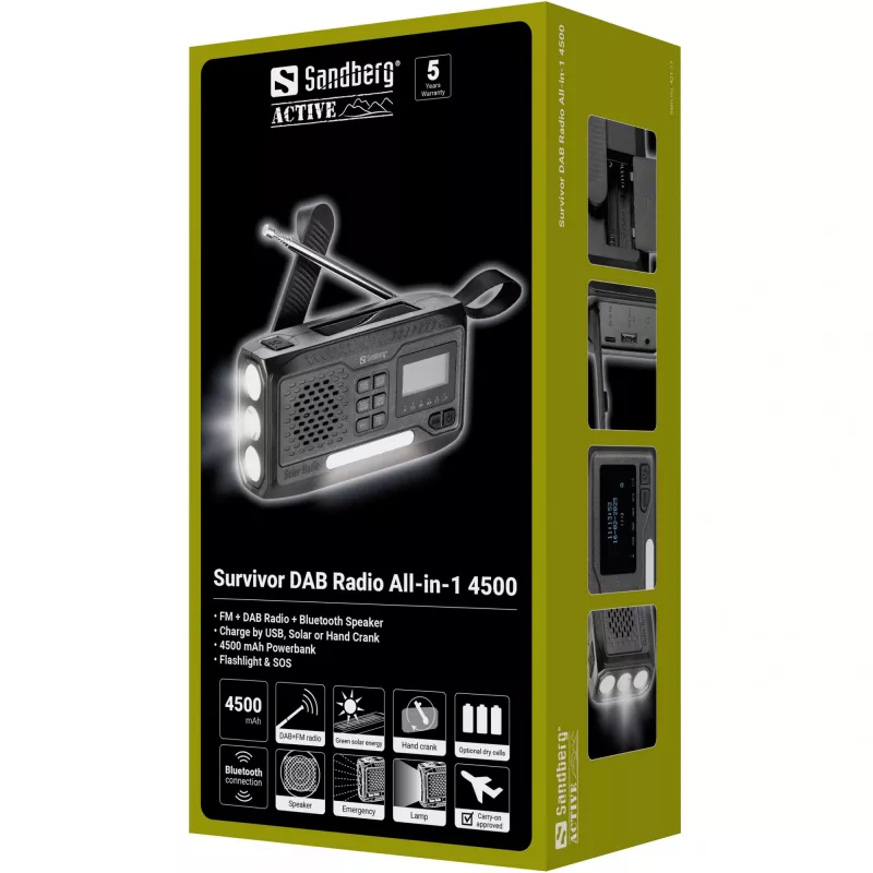Portable radio SANDBERG Survivor DAB Radio All-in-1 4500 — DAB+/FM, 87.5–108 MHz, 3 W RMS, USB-A & USB-C, 4500 mAh battery