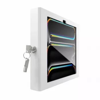 Wall-mount secured enclosure for iPad Pro 11 inch — Maclocks Compulocks Apex for M4 & M5, white, includes 2 keys