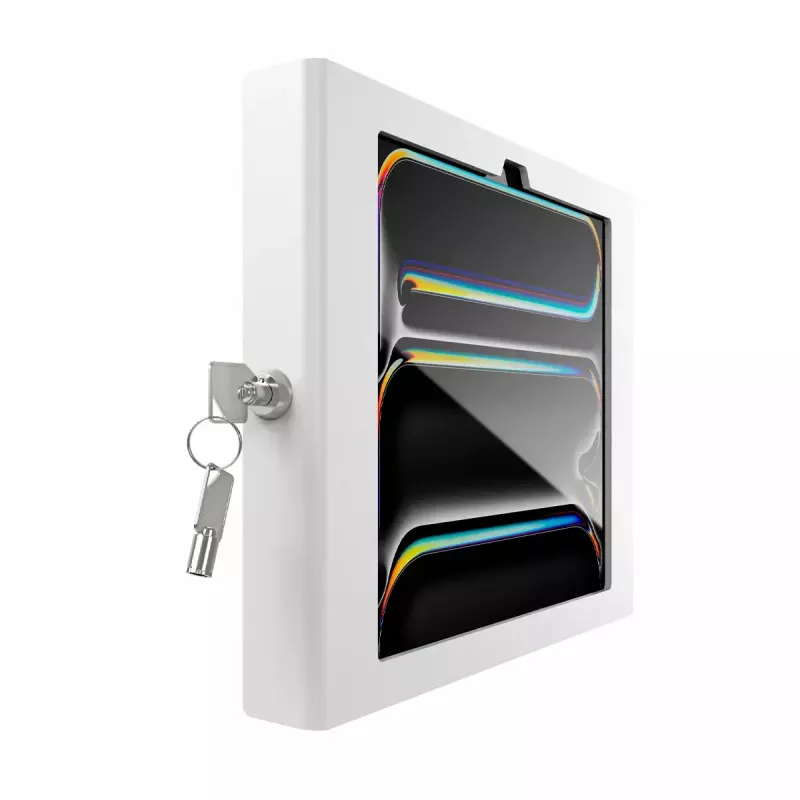 Wall-mount secured enclosure for iPad Pro 11 inch — Maclocks Compulocks Apex for M4 & M5, white, includes 2 keys