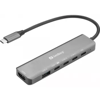 Docking hub SANDBERG USB-C 6-in-1 MediaDock — USB 3.2 Gen 1 Type-C 10 Gbit/s, 4K HDMI, PD up to 100W, 1×USB-A, 1×USB2.0, grey