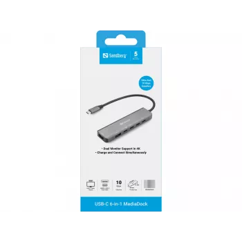 Docking hub SANDBERG USB-C 6-in-1 MediaDock — USB 3.2 Gen 1 Type-C 10 Gbit/s, 4K HDMI, PD up to 100W, 1×USB-A, 1×USB2.0, grey