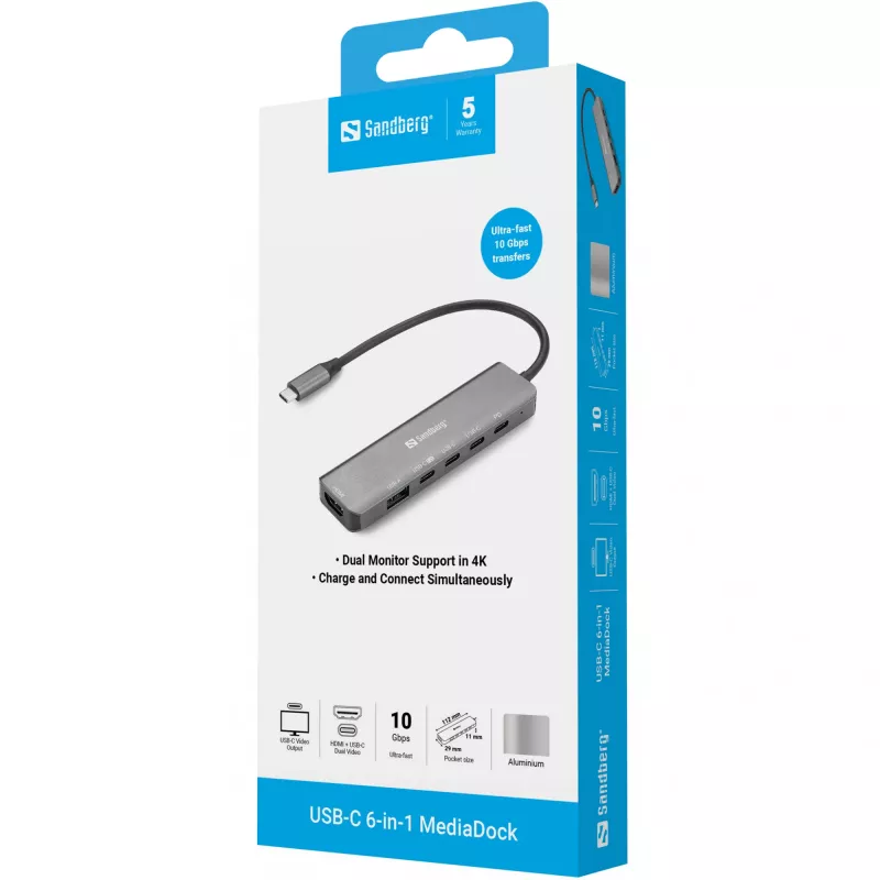 Docking hub SANDBERG USB-C 6-in-1 MediaDock — USB 3.2 Gen 1 Type-C 10 Gbit/s, 4K HDMI, PD up to 100W, 1×USB-A, 1×USB2.0, grey
